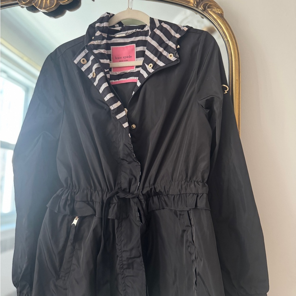 kate spade Black Packable rain coat with Striped Hood Lining